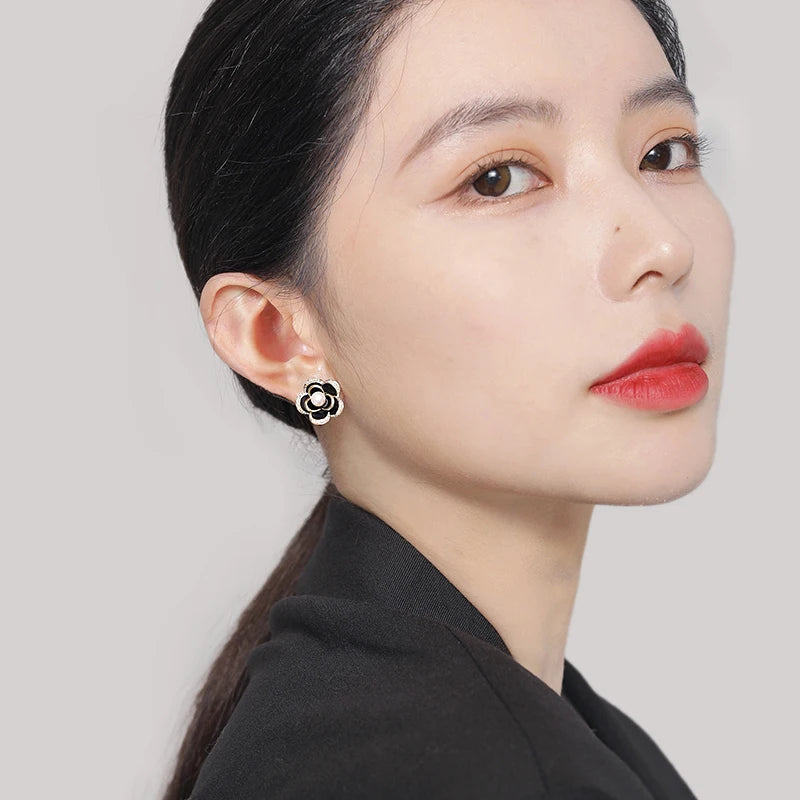 Black Camellia Flower Stud Earrings - Elegant Pearl Accents for Women and Girls - Korean Celebrity Inspired Party Jewelry