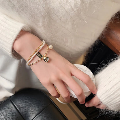 Multi-Layer Pearl Heart Folded Bracelets - Elegant Korean Fashion Wrist Accessories for Women