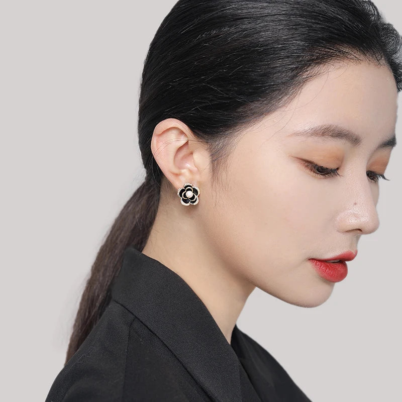 Black Camellia Flower Stud Earrings - Elegant Pearl Accents for Women and Girls - Korean Celebrity Inspired Party Jewelry