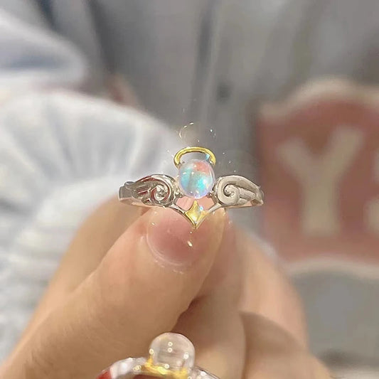 Fashion Angel Devil Moonstone Couple Rings for Women Man Engagement Matching Ring Silver Color Moonstone Lover Jewelry Ring Gift