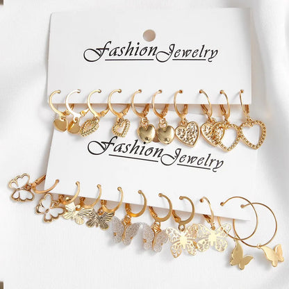 10Pcs Women Earrings New Creative Simple Fashion Temperament Hollowed-Out Butterfly Love Earrings Gold-Color Earrings