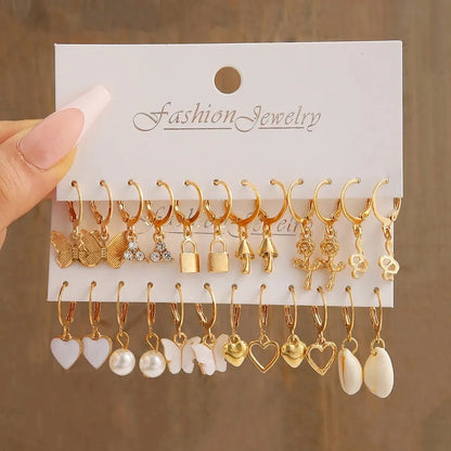 10Pcs Women Earrings New Creative Simple Fashion Temperament Hollowed-Out Butterfly Love Earrings Gold-Color Earrings