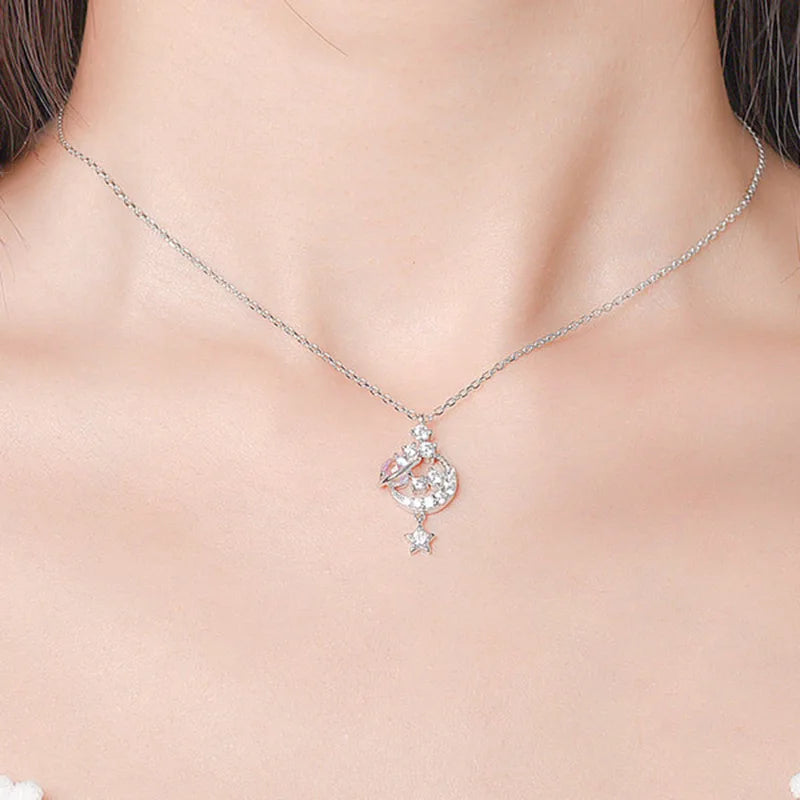 Silver Color Moonstone Star Necklace 2022 New Female Inlay Zircon Moon Pendant Clavicle Chain Fashion Jewelry