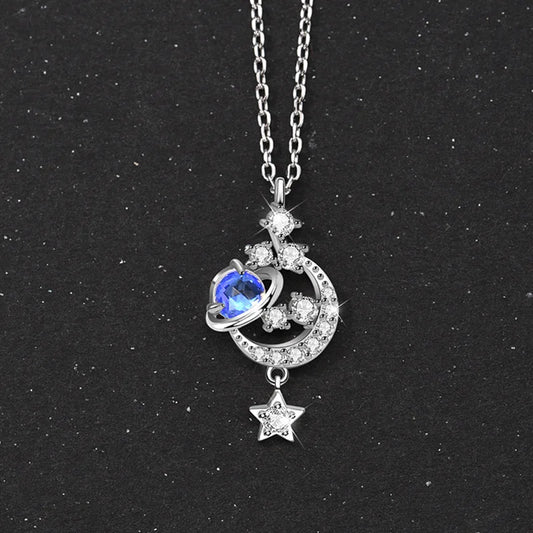 Silver Color Moonstone Star Necklace 2022 New Female Inlay Zircon Moon Pendant Clavicle Chain Fashion Jewelry