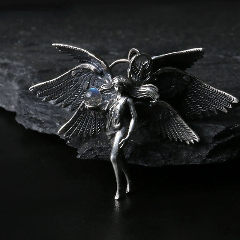 Fashion Silver Color Angel Goddess Pendant Necklace Moonstone Six Winged Angel Long Chain Neck Hip Hop Jewelry for Men Women