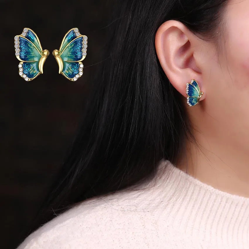 Oil Painted Butterfly Stud Earrings Rhinestone Wild Animal Female Women Birthday Party Jewelry Girls Best Gift 3 Colors