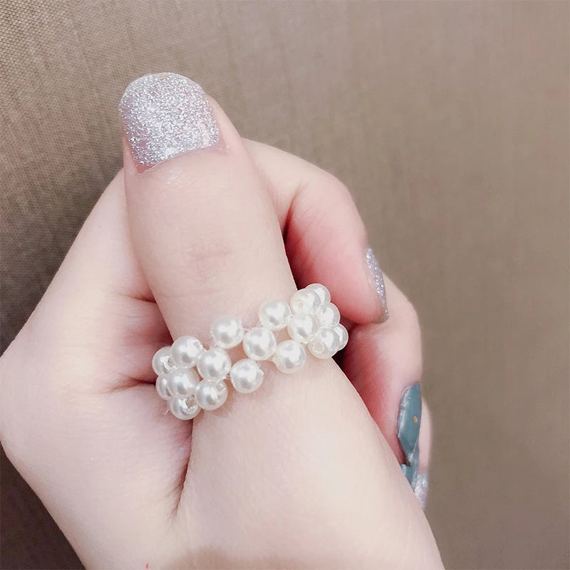 Fashion Beaded Pearl Rings Artificial Pearl Rings for Women 2021 New Girl Rings Set Adjustable Elastic Ring Кольцо Женское