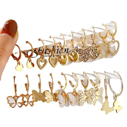 10Pcs Women Earrings New Creative Simple Fashion Temperament Hollowed-Out Butterfly Love Earrings Gold-Color Earrings