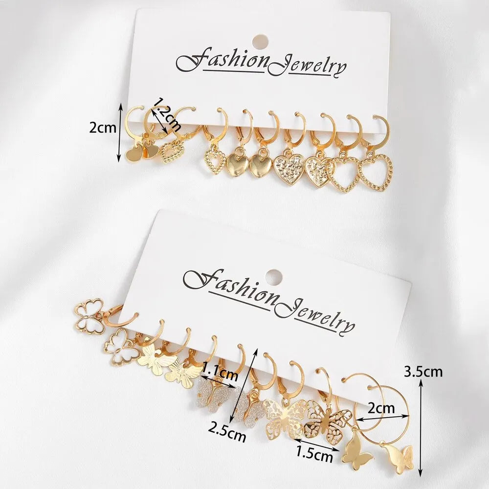 10Pcs Women Earrings New Creative Simple Fashion Temperament Hollowed-Out Butterfly Love Earrings Gold-Color Earrings