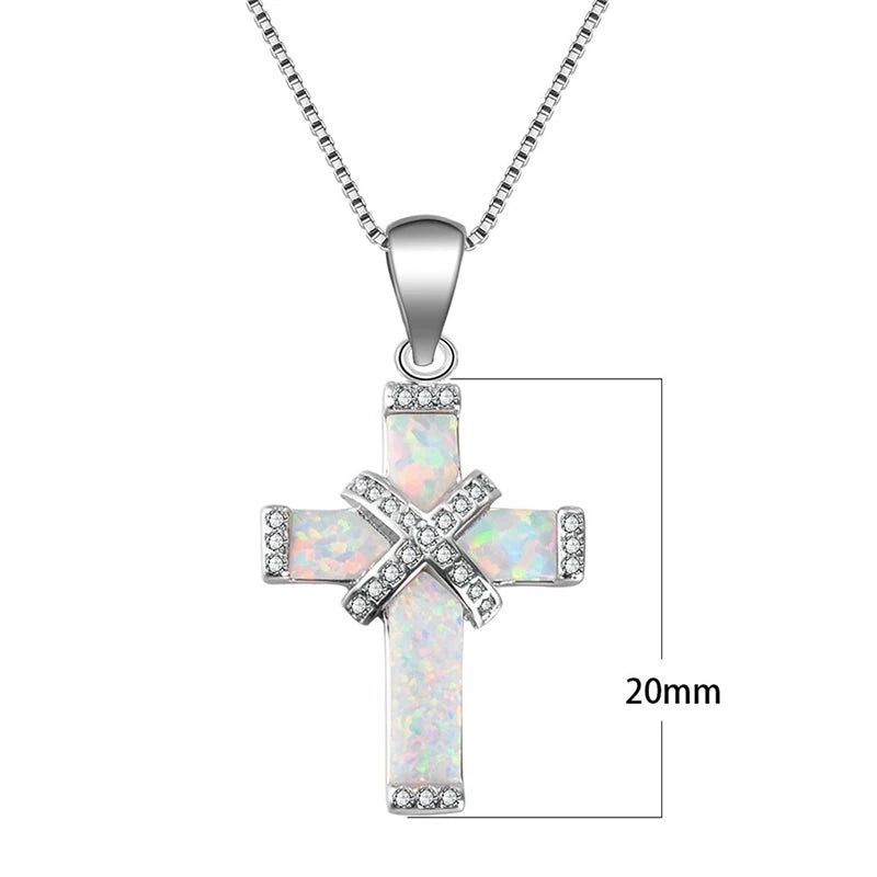 Charm Women Cross Necklace White/Blue Imitation Fire Opal Zircon Pendants Necklaces Jewelry Accessories Girl Gift