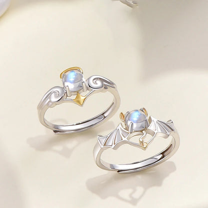 Fashion Angel Devil Moonstone Couple Rings for Women Man Engagement Matching Ring Silver Color Moonstone Lover Jewelry Ring Gift