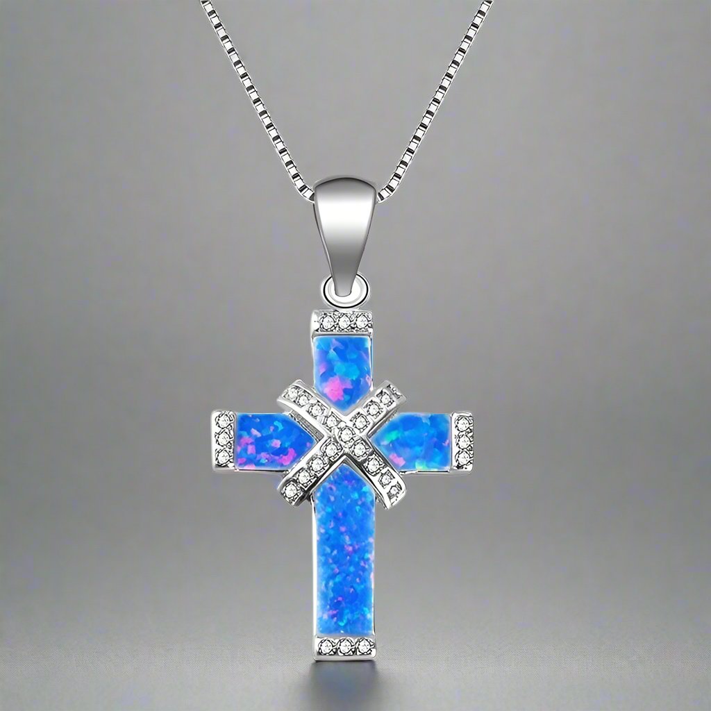 Charm Women Cross Necklace White/Blue Imitation Fire Opal Zircon Pendants Necklaces Jewelry Accessories Girl Gift