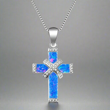 Charm Women Cross Necklace White/Blue Imitation Fire Opal Zircon Pendants Necklaces Jewelry Accessories Girl Gift