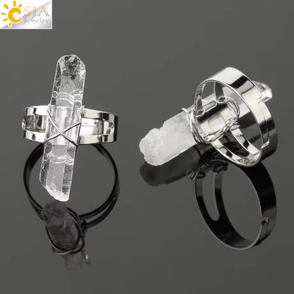 CSJA Women Ring Natural Stone Irregular Crystal Silver Color Wire Wrapped Adjustable Open Rings Reiki Fashion Jewelry Party G559