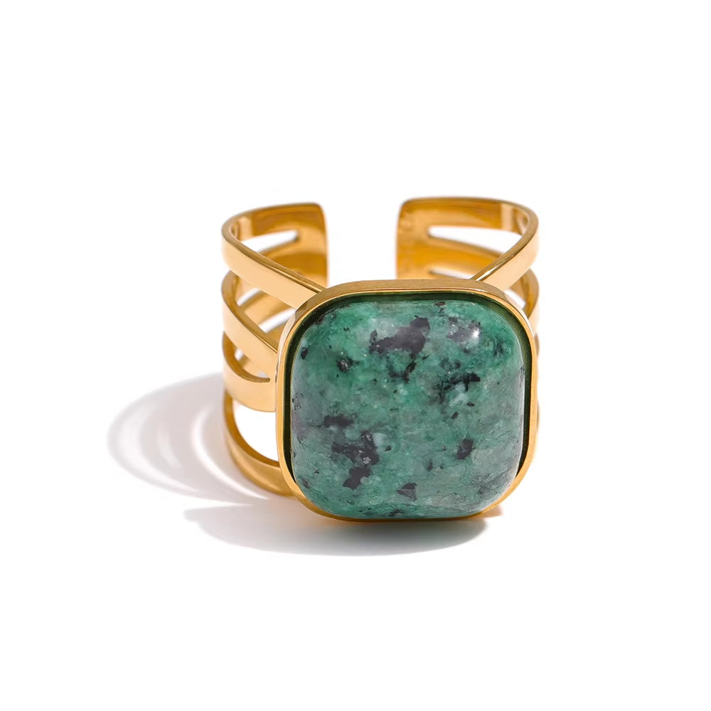 Stainless Steel Green Natural Turquoise Opening Ring Statement Golden 18 K Plated Ring Bague Acier Inoxydable Gift New