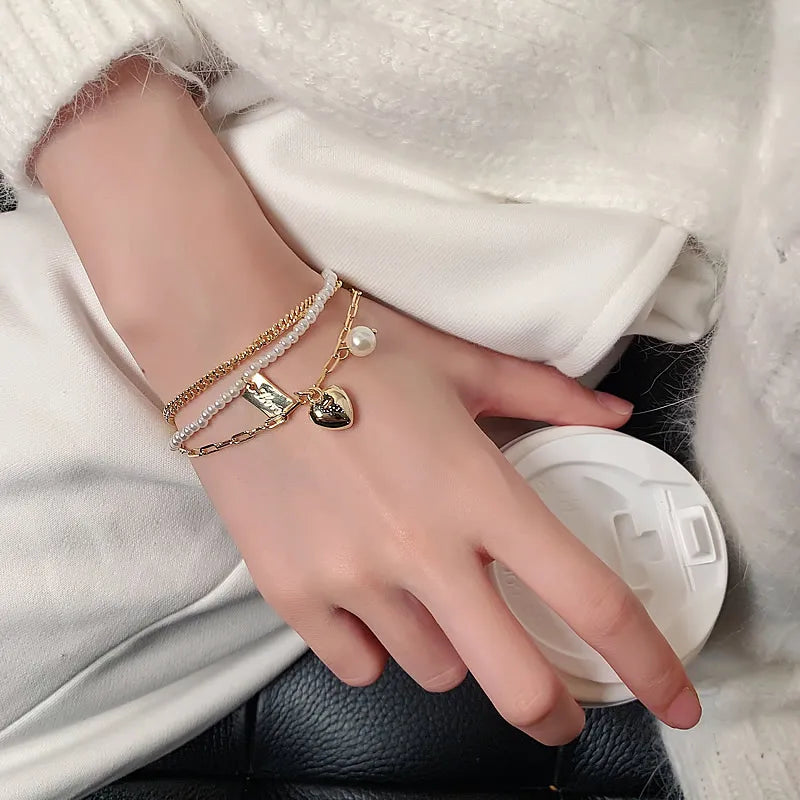 Multi-Layer Pearl Heart Folded Bracelets - Elegant Korean Fashion Wrist Accessories for Women