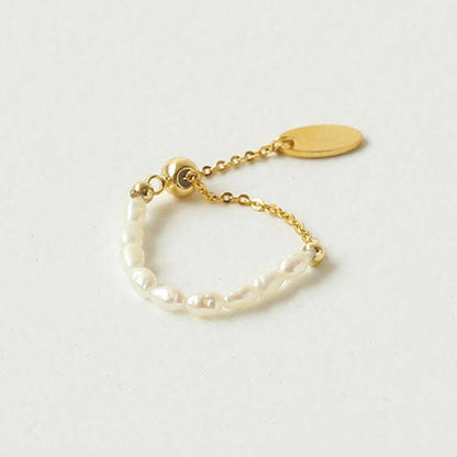 Elegant French Retro Pearl Chain Pull Adjustable Gold Rings - Stylish Accessories for Women