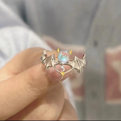 Fashion Angel Devil Moonstone Couple Rings for Women Man Engagement Matching Ring Silver Color Moonstone Lover Jewelry Ring Gift