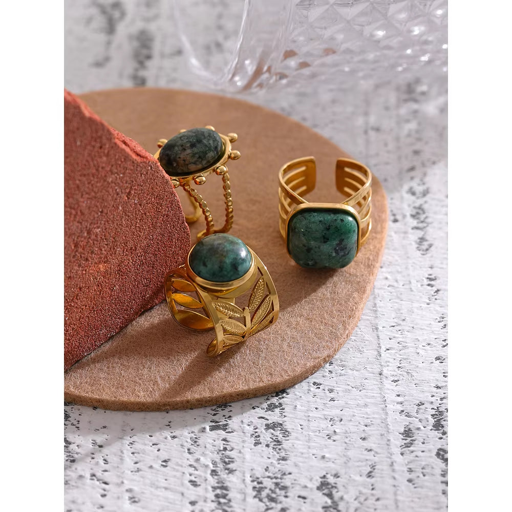 Stainless Steel Green Natural Turquoise Opening Ring Statement Golden 18 K Plated Ring Bague Acier Inoxydable Gift New