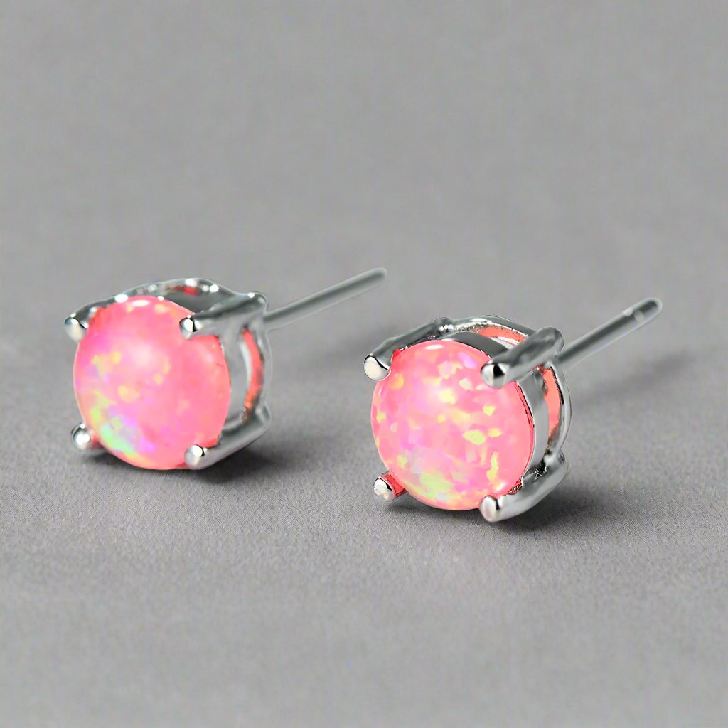 6MM Cute round Fire Opal Stone Stud Earrings for Women Dainty 4 Claws Pink Blue White Opal Earrings Students Girls Jewelry