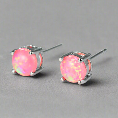 6MM Cute round Fire Opal Stone Stud Earrings for Women Dainty 4 Claws Pink Blue White Opal Earrings Students Girls Jewelry