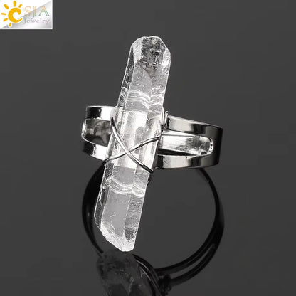 CSJA Women Ring Natural Stone Irregular Crystal Silver Color Wire Wrapped Adjustable Open Rings Reiki Fashion Jewelry Party G559