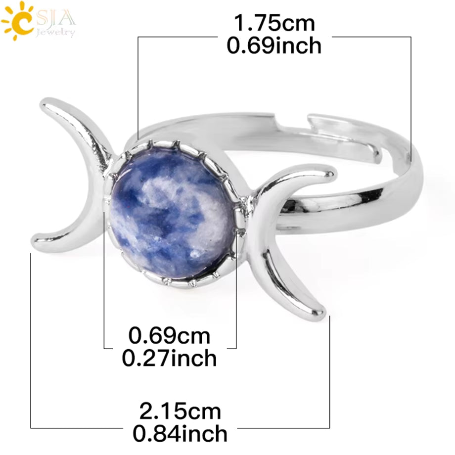 CSJA Triple Goddess Witch Rings Moon Sun Natural Stone Ring Adjustable Crystal Amethysts Pink Quartz Lapis Lazuli Wicca G903