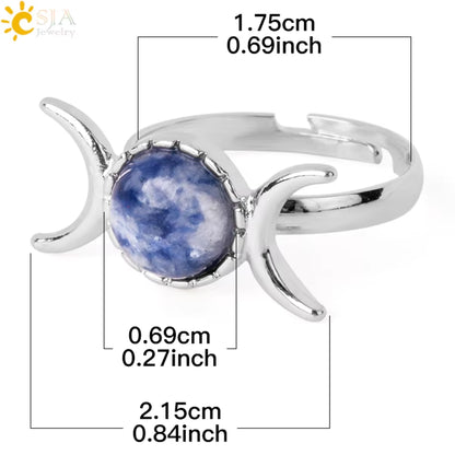 CSJA Triple Goddess Witch Rings Moon Sun Natural Stone Ring Adjustable Crystal Amethysts Pink Quartz Lapis Lazuli Wicca G903