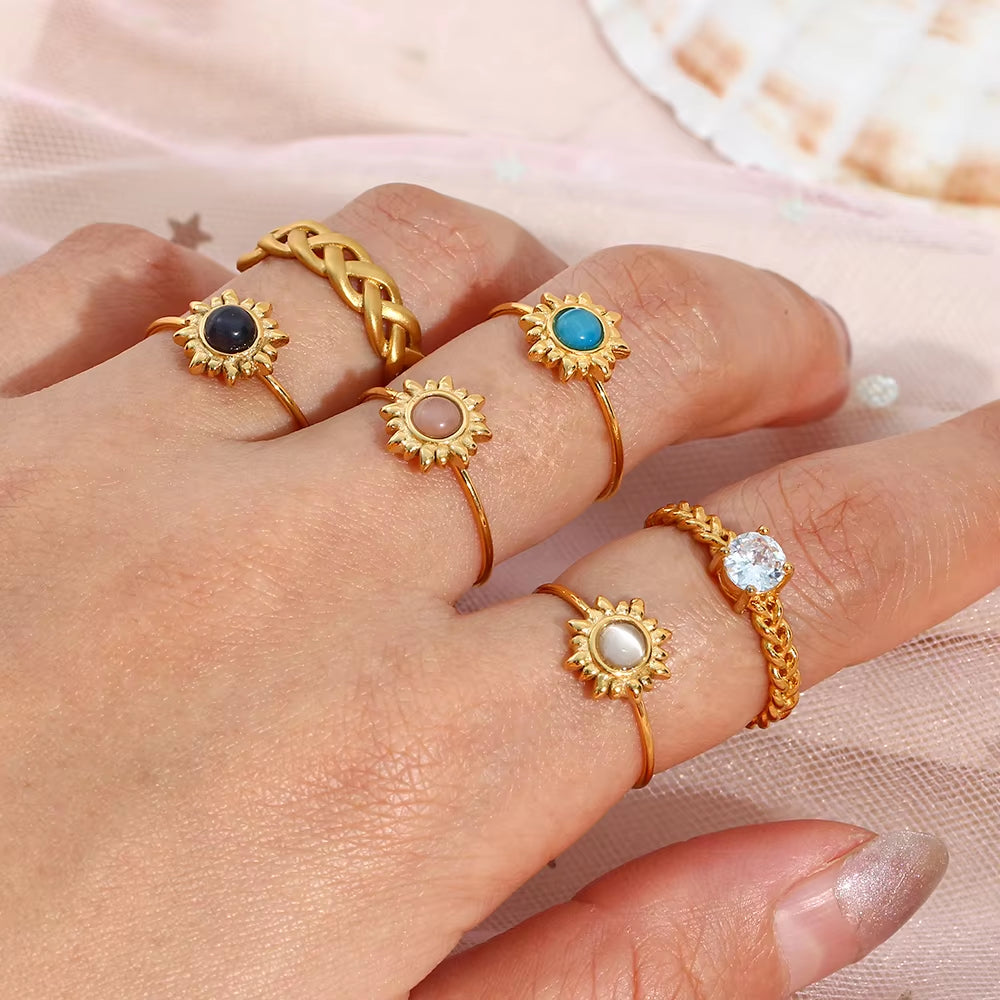 2022 Adjustable Natural Stone Colored Agate Opal Flower Rings for Women Stainless Steel High Quality Jewelry Rings Summer Party