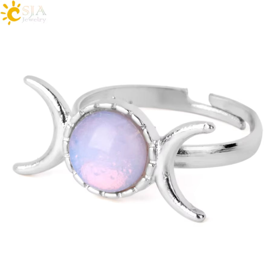 CSJA Triple Goddess Witch Rings Moon Sun Natural Stone Ring Adjustable Crystal Amethysts Pink Quartz Lapis Lazuli Wicca G903