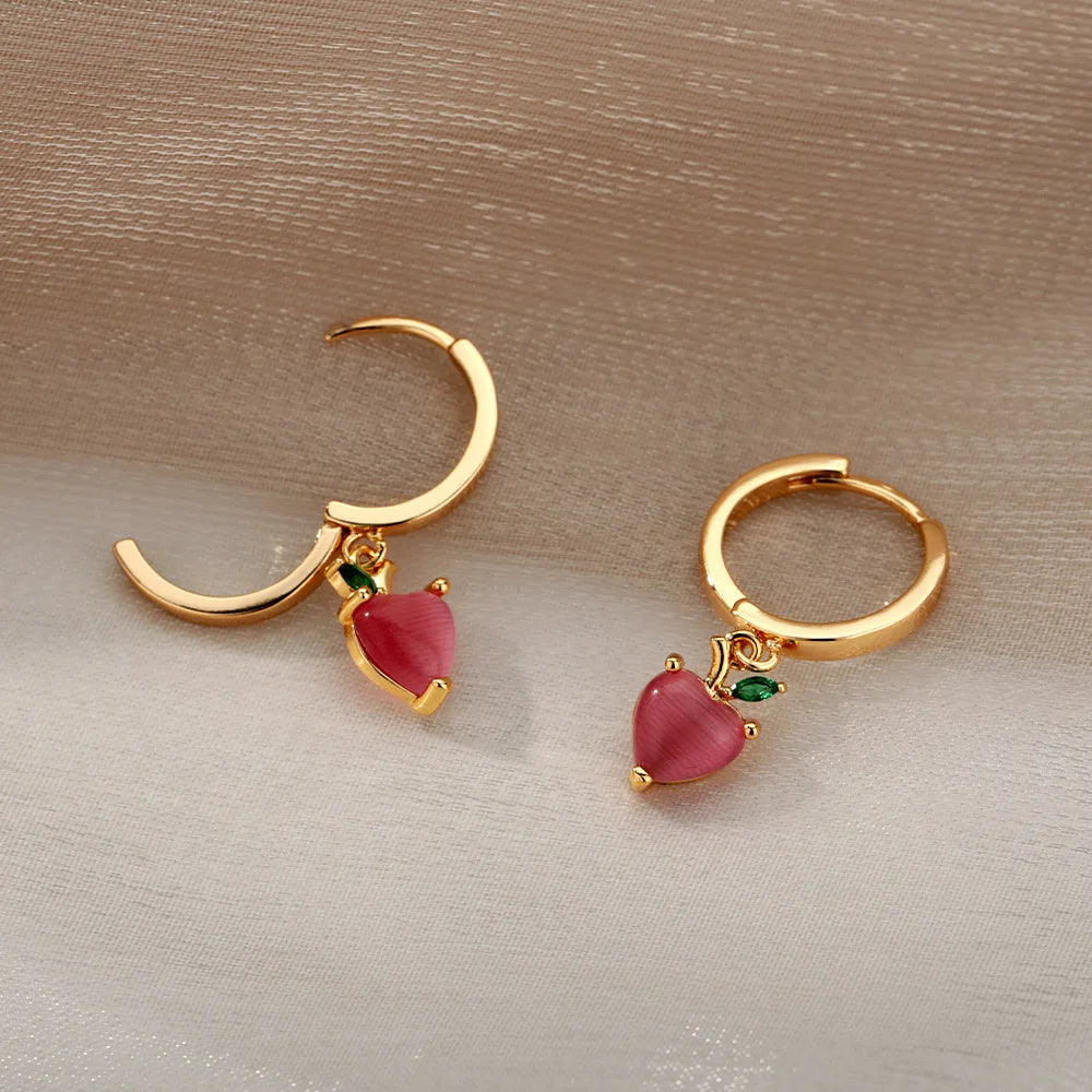 Red Opal Heart Earrings for Women Girls Korean Fashion Gold Color Stainless Steel Earring 2024 Trend Wedding Ear Jewelry Aretes