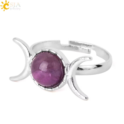 CSJA Triple Goddess Witch Rings Moon Sun Natural Stone Ring Adjustable Crystal Amethysts Pink Quartz Lapis Lazuli Wicca G903