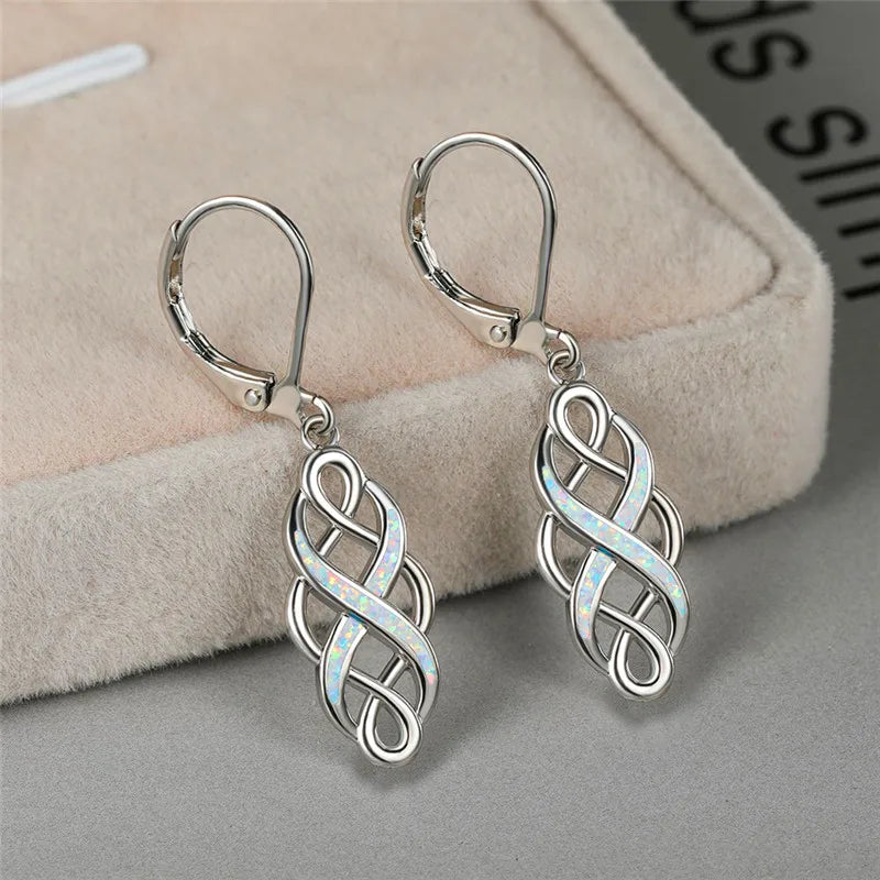 Vintage Blue/White Imitation Opal Hoop Earrings for Women Statement Wedding Jewelry Fashion Hollow Flower Geometric Earrings