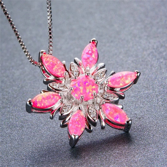 2024 Women Necklace Elegant Snowflake Imitation Fire Opal Pendant Necklace for Women Jewelry Accessories Wedding Party Best Gift