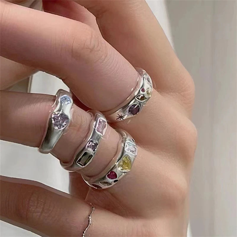 Korean Opal Irregular Rings Pink Zircon Natural Stone Girl Wedding Engagement Rings Opal Crystal Y2K Rings Aesthetic Jewelry