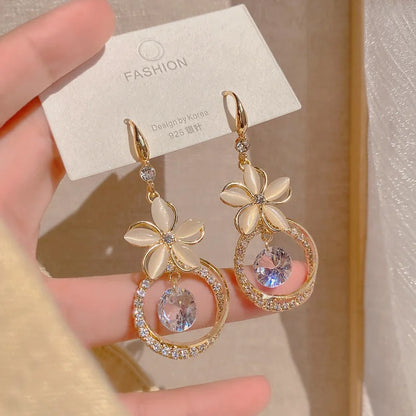 Korean Crystal Zircon Flower Pendant Earrings for Women Boho Decor Opal Heart Dangle Earrings for Birthday Gift Party Jewelry