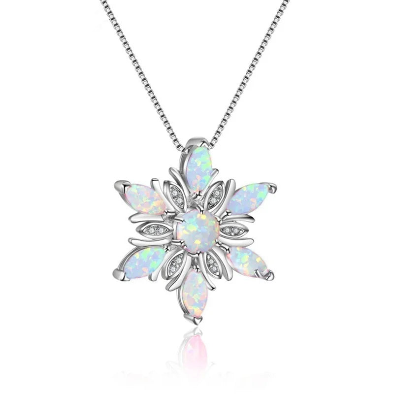 2024 Women Necklace Elegant Snowflake Imitation Fire Opal Pendant Necklace for Women Jewelry Accessories Wedding Party Best Gift