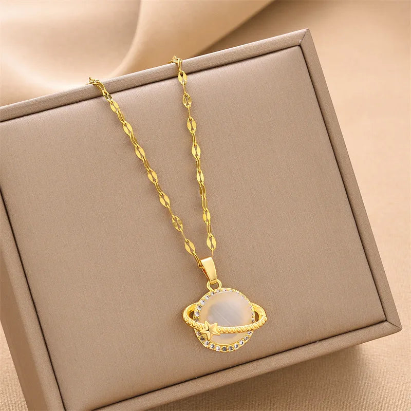 2022New Planet Opal Pendant Necklace Chain Stainless Steel Geometric Chokers Necklaces Women'S Simple Punk Jewelry Wholesale