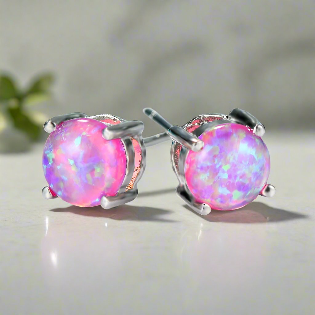 6MM Cute round Fire Opal Stone Stud Earrings for Women Dainty 4 Claws Pink Blue White Opal Earrings Students Girls Jewelry