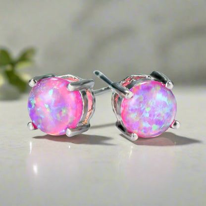 6MM Cute round Fire Opal Stone Stud Earrings for Women Dainty 4 Claws Pink Blue White Opal Earrings Students Girls Jewelry