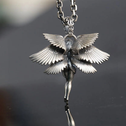 Fashion Silver Color Angel Goddess Pendant Necklace Moonstone Six Winged Angel Long Chain Neck Hip Hop Jewelry for Men Women