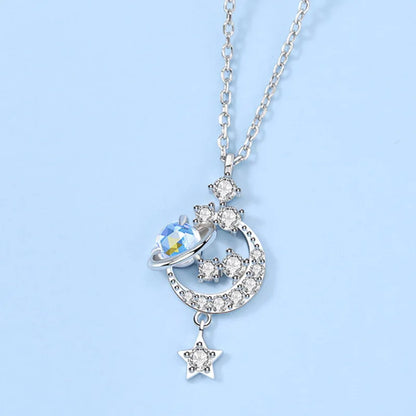 Silver Color Moonstone Star Necklace 2022 New Female Inlay Zircon Moon Pendant Clavicle Chain Fashion Jewelry