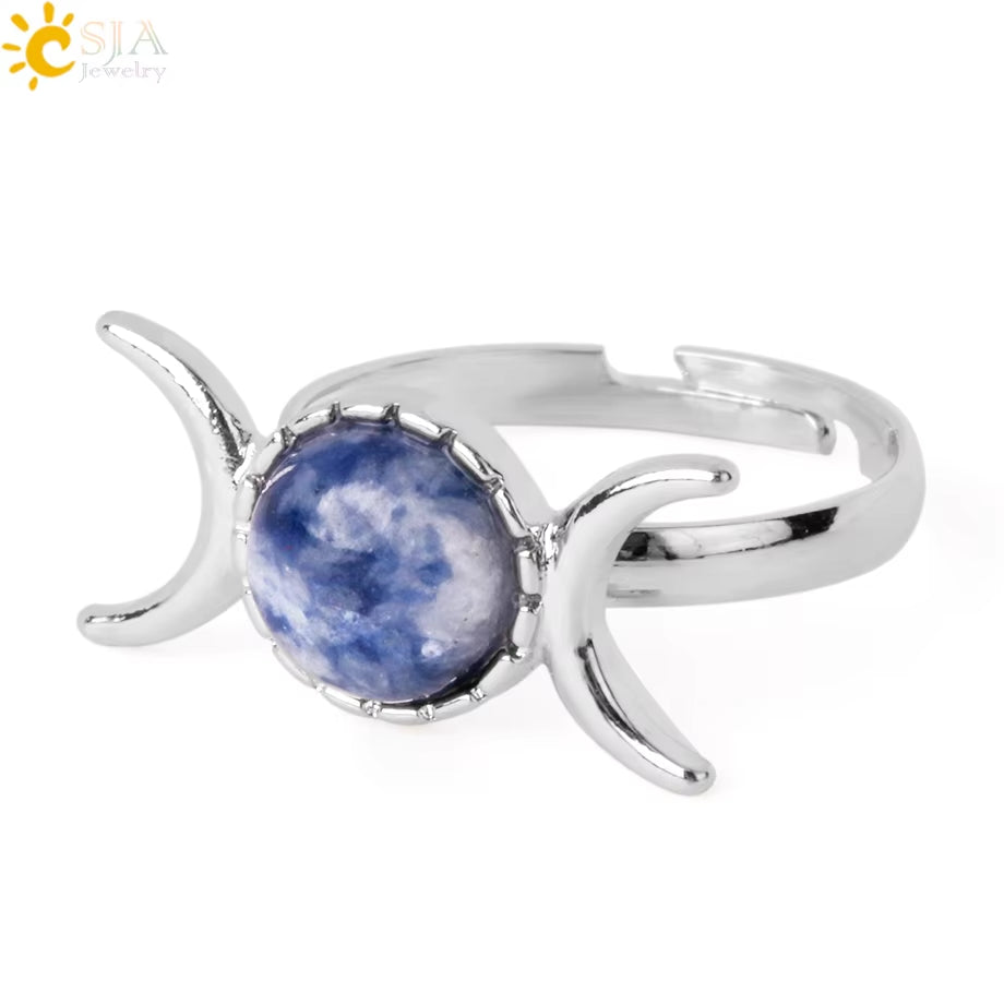 CSJA Triple Goddess Witch Rings Moon Sun Natural Stone Ring Adjustable Crystal Amethysts Pink Quartz Lapis Lazuli Wicca G903