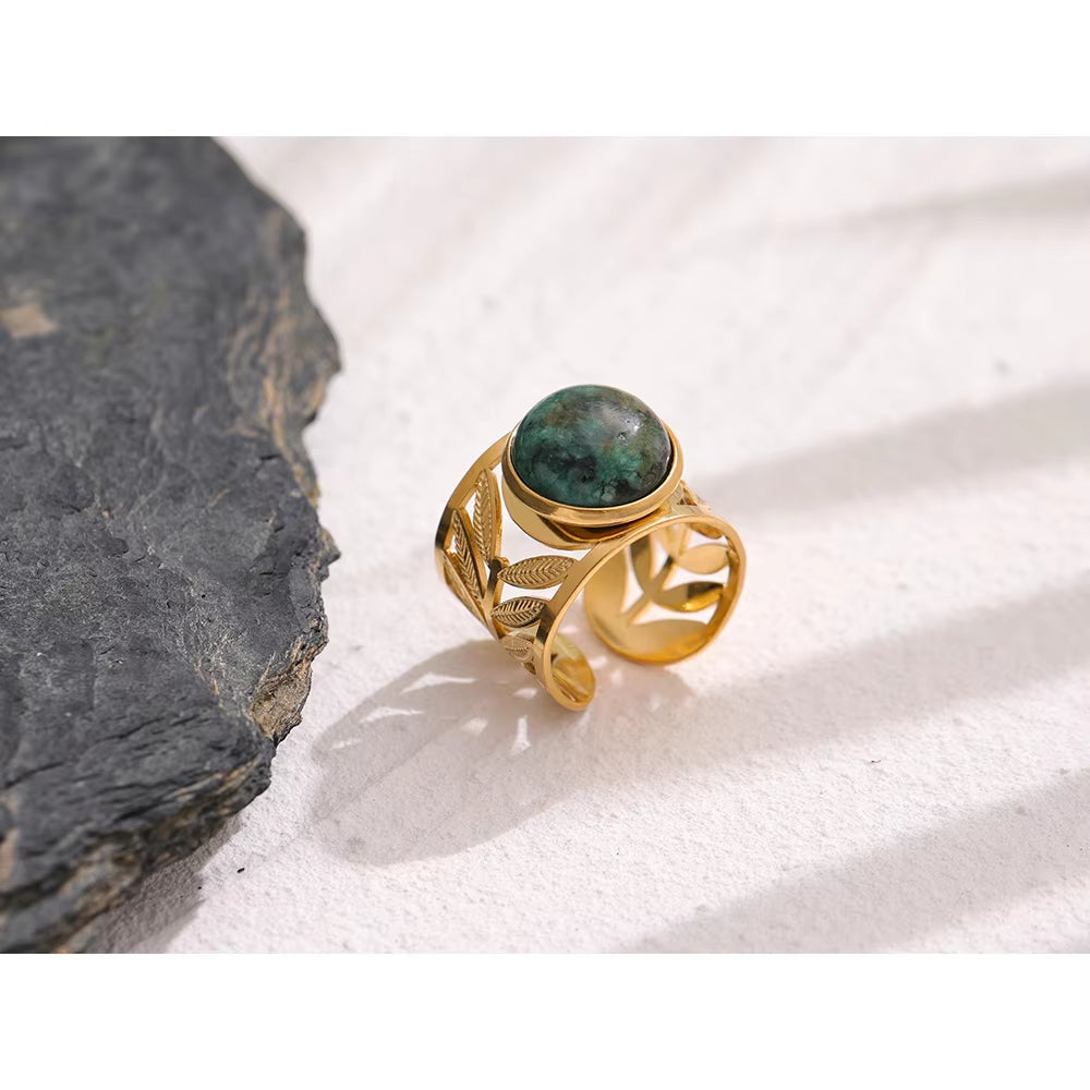 Stainless Steel Green Natural Turquoise Opening Ring Statement Golden 18 K Plated Ring Bague Acier Inoxydable Gift New