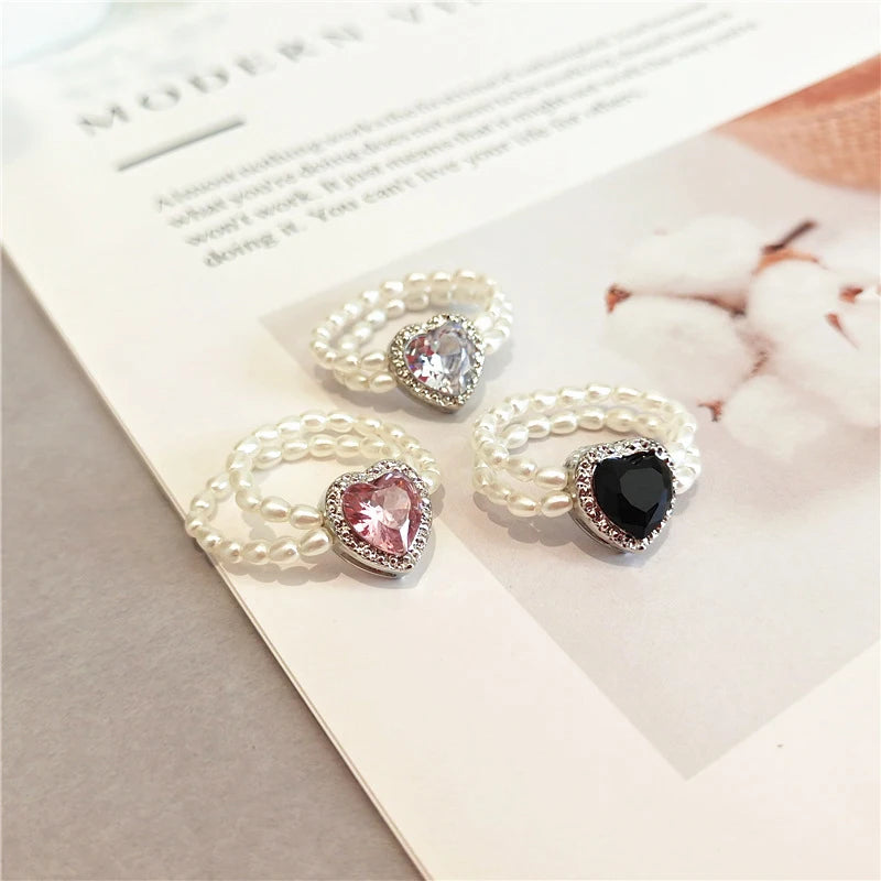 Pearl Bead Rings for Women Elastic Rope Love Rhinestones Finger Ring 2022 Vintage Party Jewellery Wedding Accessories Gifts