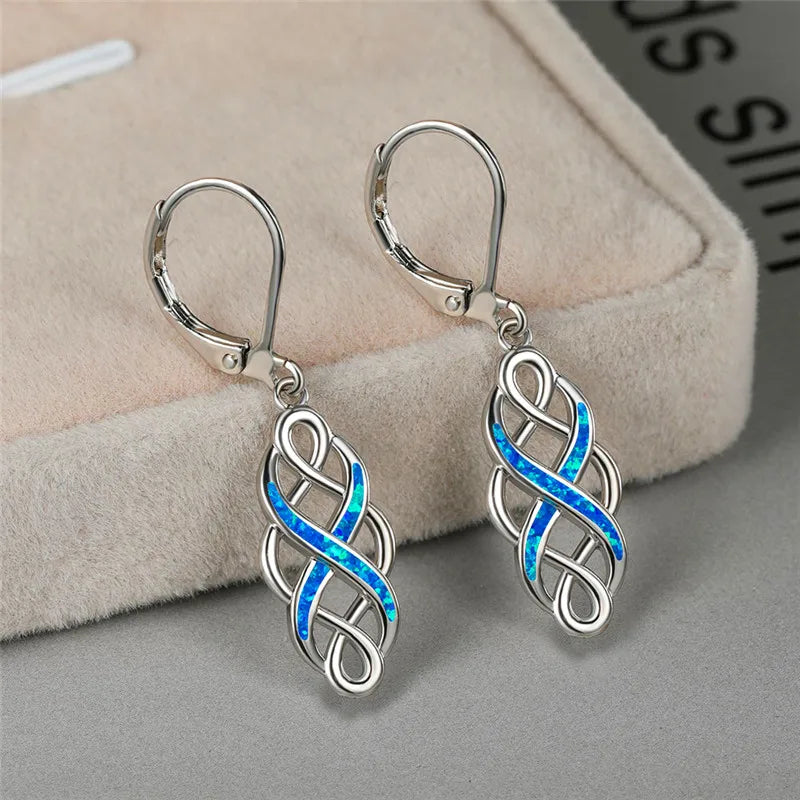 Vintage Blue/White Imitation Opal Hoop Earrings for Women Statement Wedding Jewelry Fashion Hollow Flower Geometric Earrings