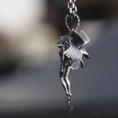 Fashion Silver Color Angel Goddess Pendant Necklace Moonstone Six Winged Angel Long Chain Neck Hip Hop Jewelry for Men Women