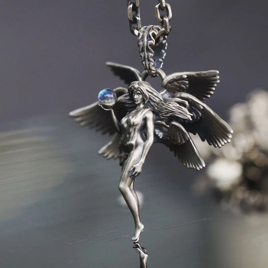 Fashion Silver Color Angel Goddess Pendant Necklace Moonstone Six Winged Angel Long Chain Neck Hip Hop Jewelry for Men Women