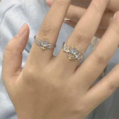 Fashion Angel Devil Moonstone Couple Rings for Women Man Engagement Matching Ring Silver Color Moonstone Lover Jewelry Ring Gift