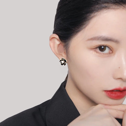 Black Camellia Flower Stud Earrings - Elegant Pearl Accents for Women and Girls - Korean Celebrity Inspired Party Jewelry